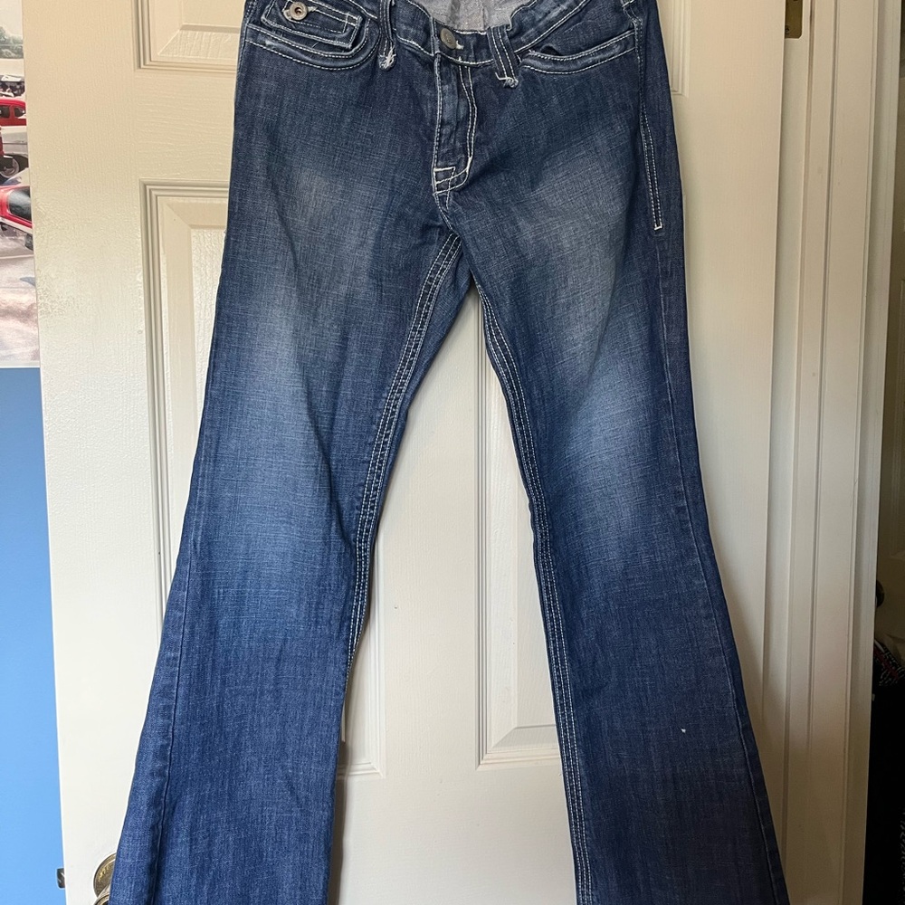 Plastic by Gly Blue Denim Flare Jeans with Bronze Patch and Pocket Detail